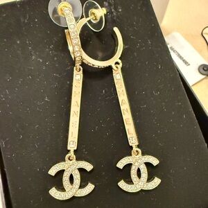 CHANEL Gold Crystal Double C Drop Earrings